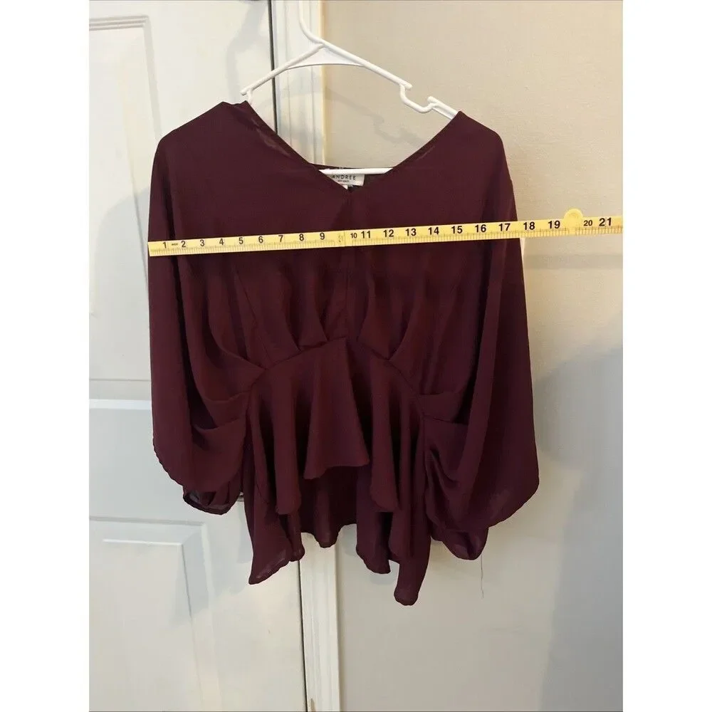 Andree by Unit Burgundy Wine Peplum Top 3/4 Sleeve Small Ruffle Detail Boho